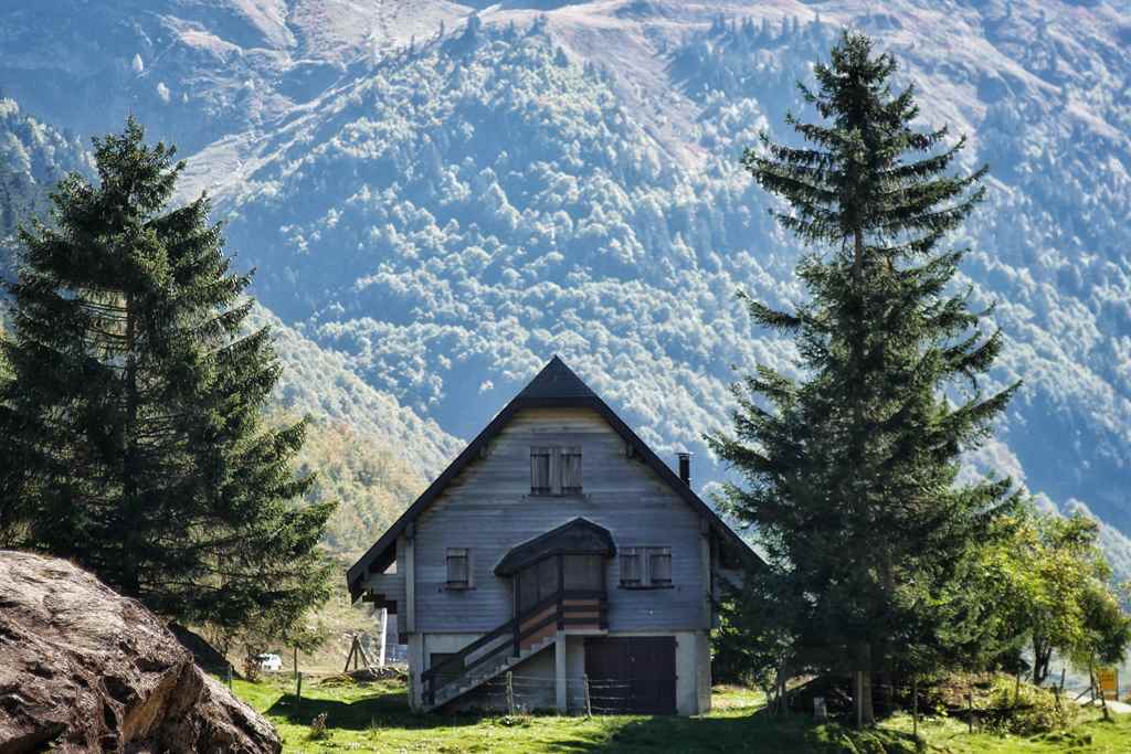 Imagen de una casa de madera con techo blanco y paredes de madera natural, ubicada en un campo rodeado de árboles y montañas cubiertas de nieve.